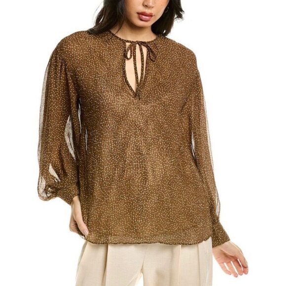 Vince Starry Dot Shirred Long Sleeve Blouse Brown Sheer Size Small - Picture 4 of 9